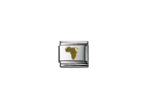 Classic Karte von Afrika als Charm aus Edelstahl, mit einem goldfarbenen Konturmotiv des afrikanischen Kontinents auf einer weißen Fläche, ideal für individuelle Schmuckgestaltung.