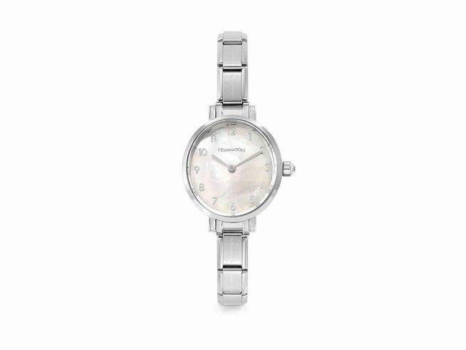 Elegante Nomination Time Armbanduhr aus Edelstahl mit perlmuttfarbenem Ziffernblatt und klaren Ziffern, ideal für stilbewusste Frauen.