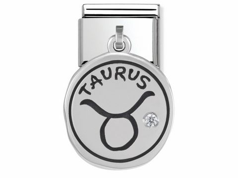 Sternzeichen Stier Silber 031714 02 von Nomination mit dem Schriftzug Taurus und einem funkelnden Stein, ideal als Schmuckstück für Sternzeichen-Liebhaber.