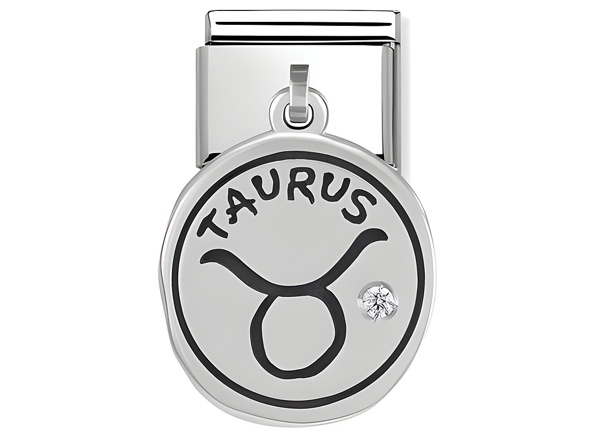 Sternzeichen Stier Silber 031714 02 von Nomination mit dem Schriftzug Taurus und einem funkelnden Stein, ideal als Schmuckstück für Sternzeichen-Liebhaber.