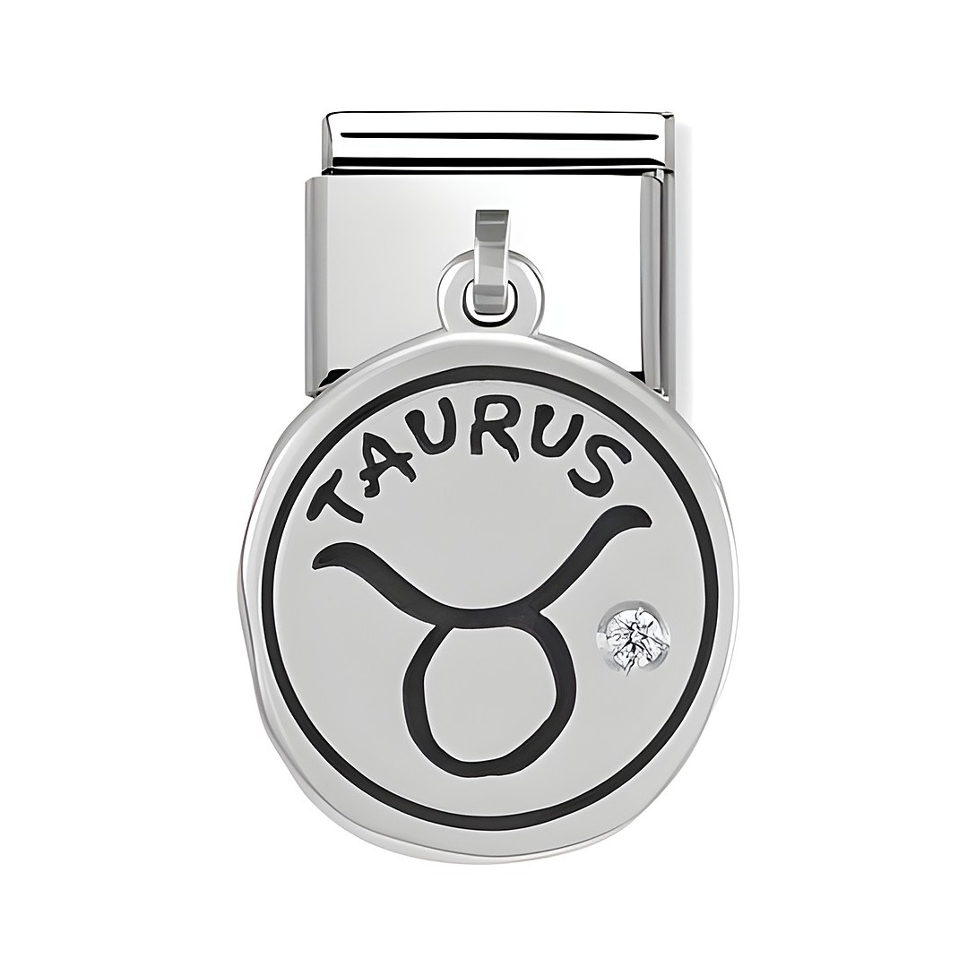 Sternzeichen Stier Silber 031714 02 von Nomination mit dem Schriftzug Taurus und einem funkelnden Stein, ideal als Schmuckstück für Sternzeichen-Liebhaber.