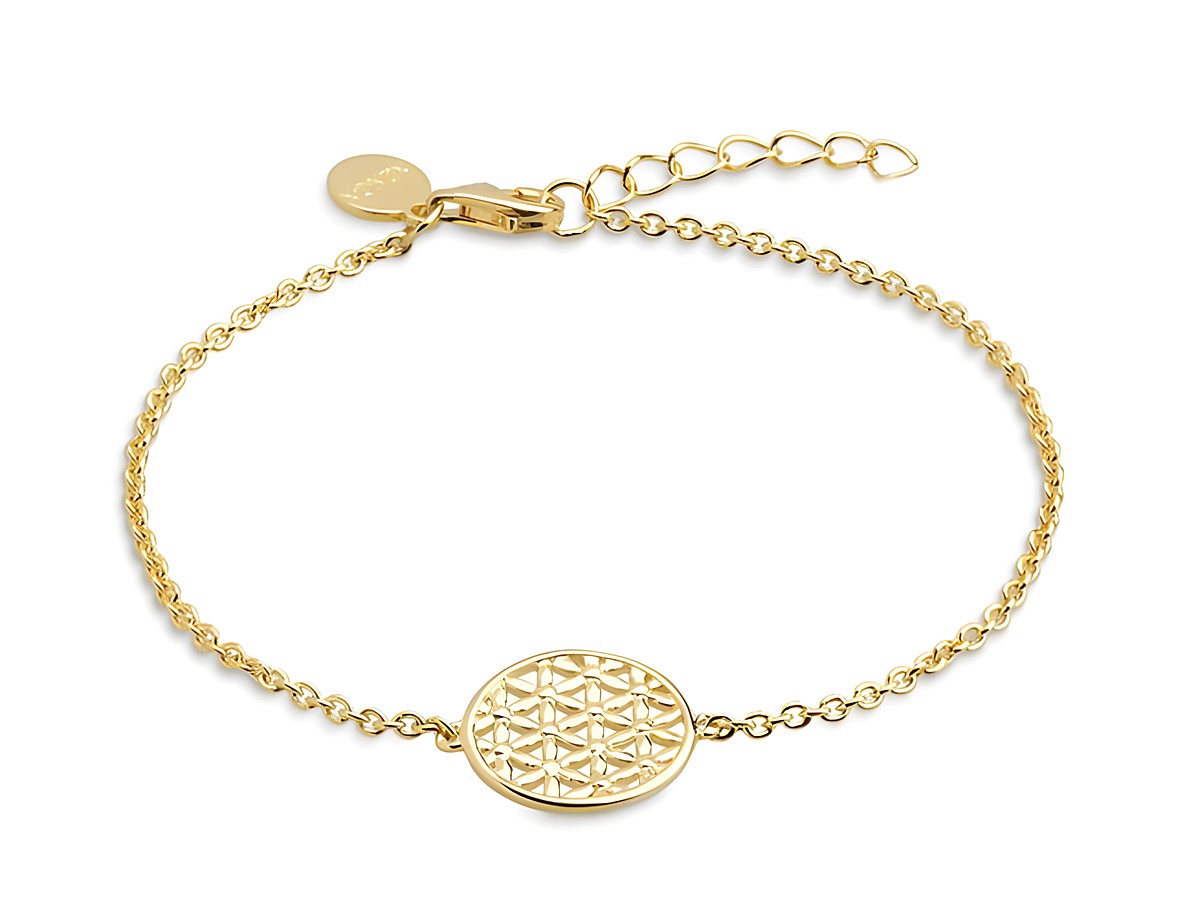 Xenox Sterling Silber Armband XS2899G in Gelbgold vergoldet, 15-20 cm, mit Lebensblume als Motiv, filigrane Ankerkette und Karabinerverschluss, elegantes Design für jeden Anlass.