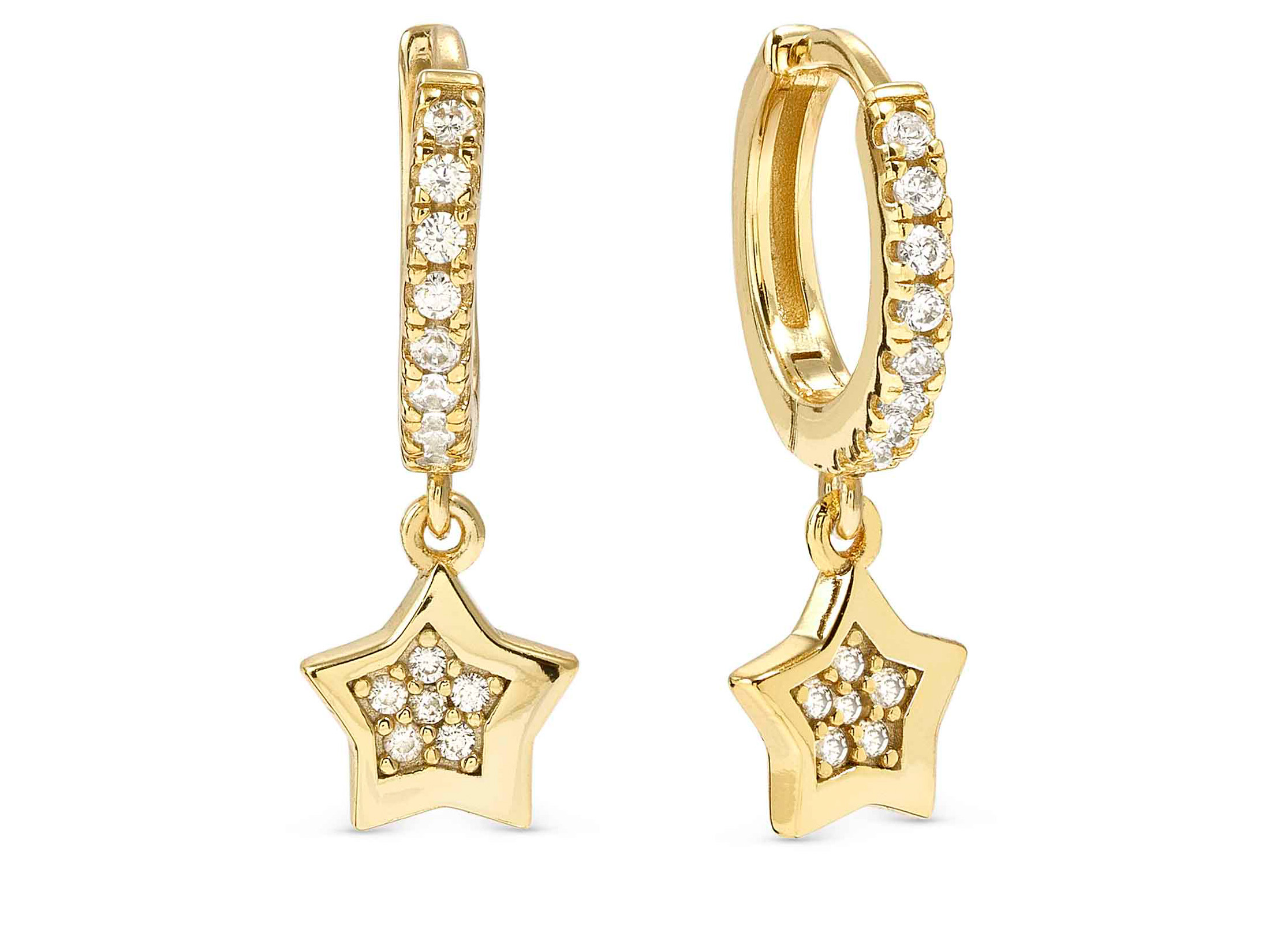 Die vergoldeten Sterling Silber Creolen mit Sternanhänger sind mit funkelnden Zirkonia verziert und verleihen jedem Outfit einen funkelnden Akzent. Ideal für elegante Anlässe.