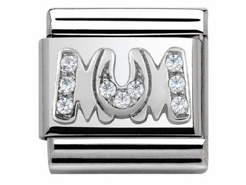 Zirkonia Charm mit dem Motiv Mum aus Edelstahl und Silber, verziert mit funkelnden Zirkonia-Steinen, geeignet für Nomination Armbänder, klassisches Design.