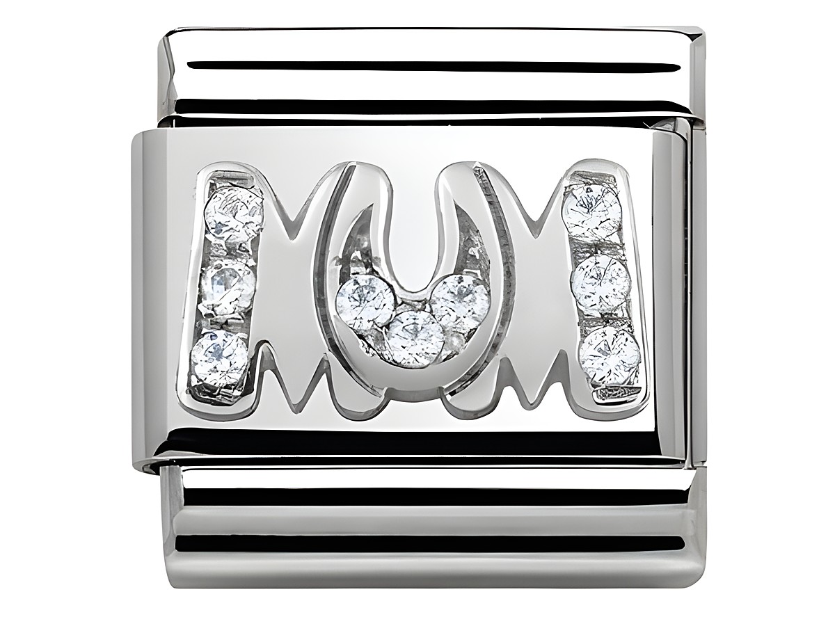 Zirkonia Charm mit dem Motiv Mum aus Edelstahl und Silber, verziert mit funkelnden Zirkonia-Steinen, geeignet für Nomination Armbänder, klassisches Design.