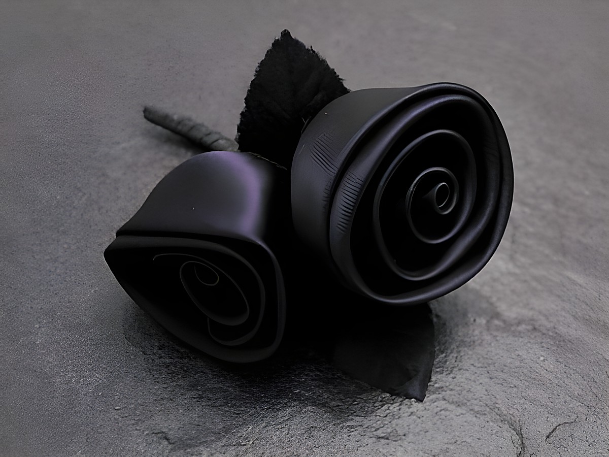Haarschmuck mit zwei Rosen aus nachtblauem Satin, verziert mit schwarzen Blättern, ideal für besondere Anlässe, Hersteller Juwelier Harnisch, traumhaft und elegant.