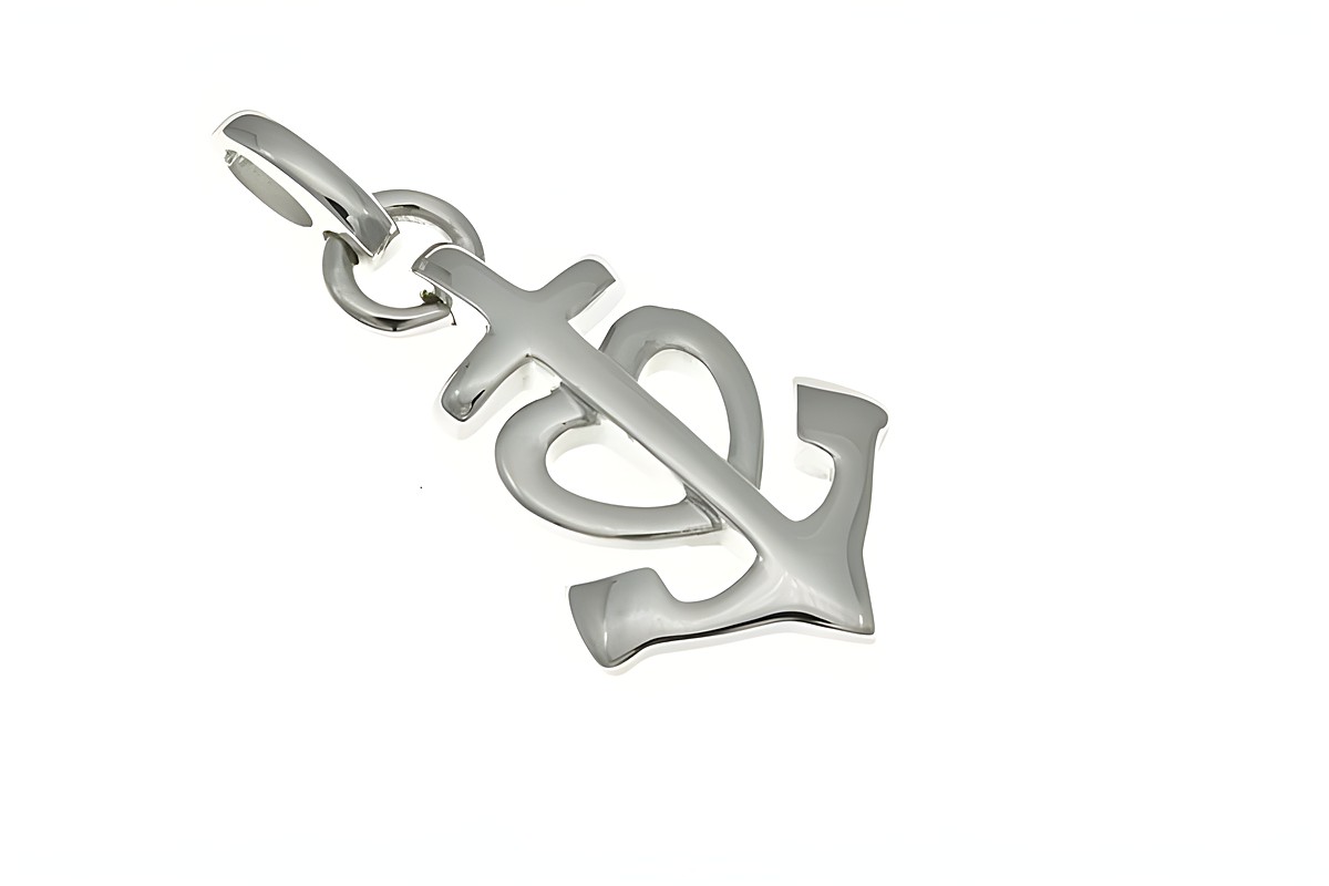 Ein moderner Glaube-Liebe-Hoffnung Anhänger aus rhodiniertem Sterling Silber, der das Symbol eines Ankers vereint, hergestellt von Juwelier Harnisch, ideal für maritime Liebhaber.