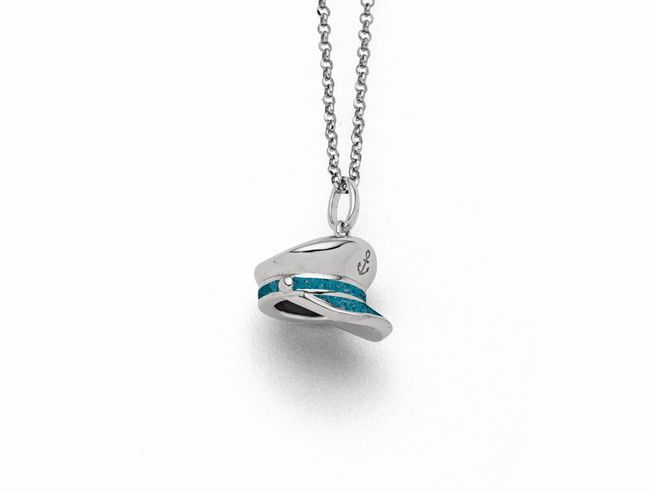 Sterling Silber Kette mit Anhänger in Form einer Kapitänsmütze, verziert mit blauem Steinsand, Gesamtlänge 42 cm, von DUR.
