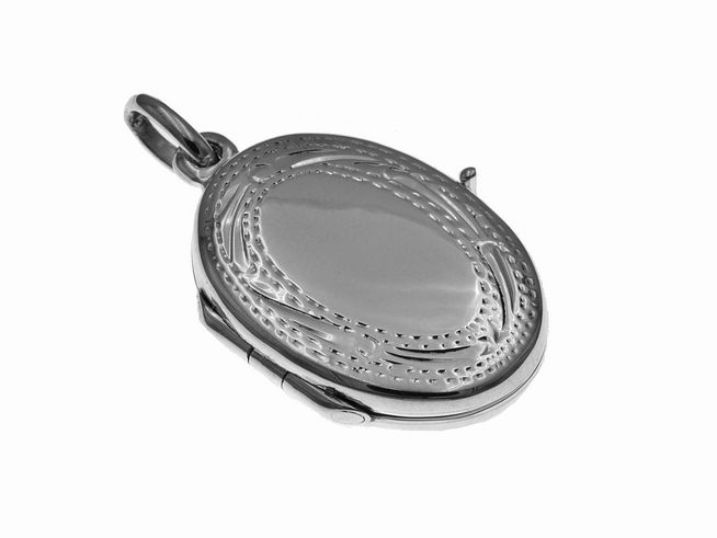 Oval mit Muster - Sterling Silber Foto Medaillon, glänzende Oberfläche und filigrane Verzierung, ideal zum Einlegen von Fotos, hergestellt von Juwelier Harnisch.