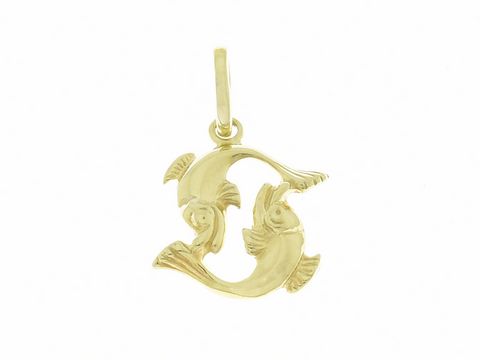 Polierter Goldanhänger in Form von zwei Fischen, die das Sternzeichen Fische repräsentieren. Ideal als Geschenkidee vom Juwelier Harnisch.