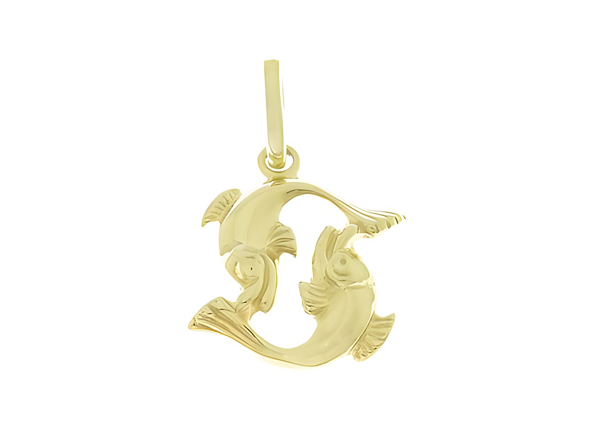 Polierter Goldanhänger in Form von zwei Fischen, die das Sternzeichen Fische repräsentieren. Ideal als Geschenkidee vom Juwelier Harnisch.