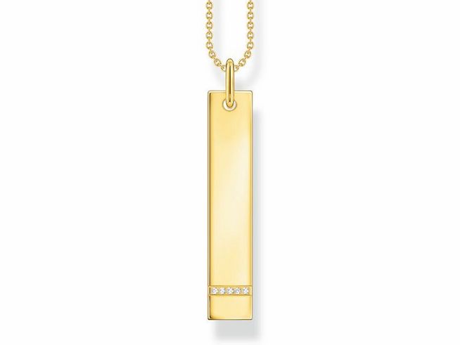 Eine Thomas Sabo Gravur Kette mit einem Column-Tag-Anhänger in Silber vergoldet, verziert mit Zirkonia-Steinen, Länge 45-50 cm, elegant und modern.