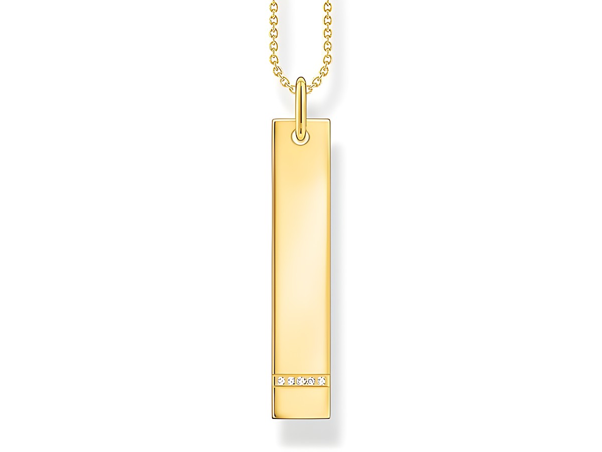 Eine Thomas Sabo Gravur Kette mit einem Column-Tag-Anhänger in Silber vergoldet, verziert mit Zirkonia-Steinen, Länge 45-50 cm, elegant und modern.