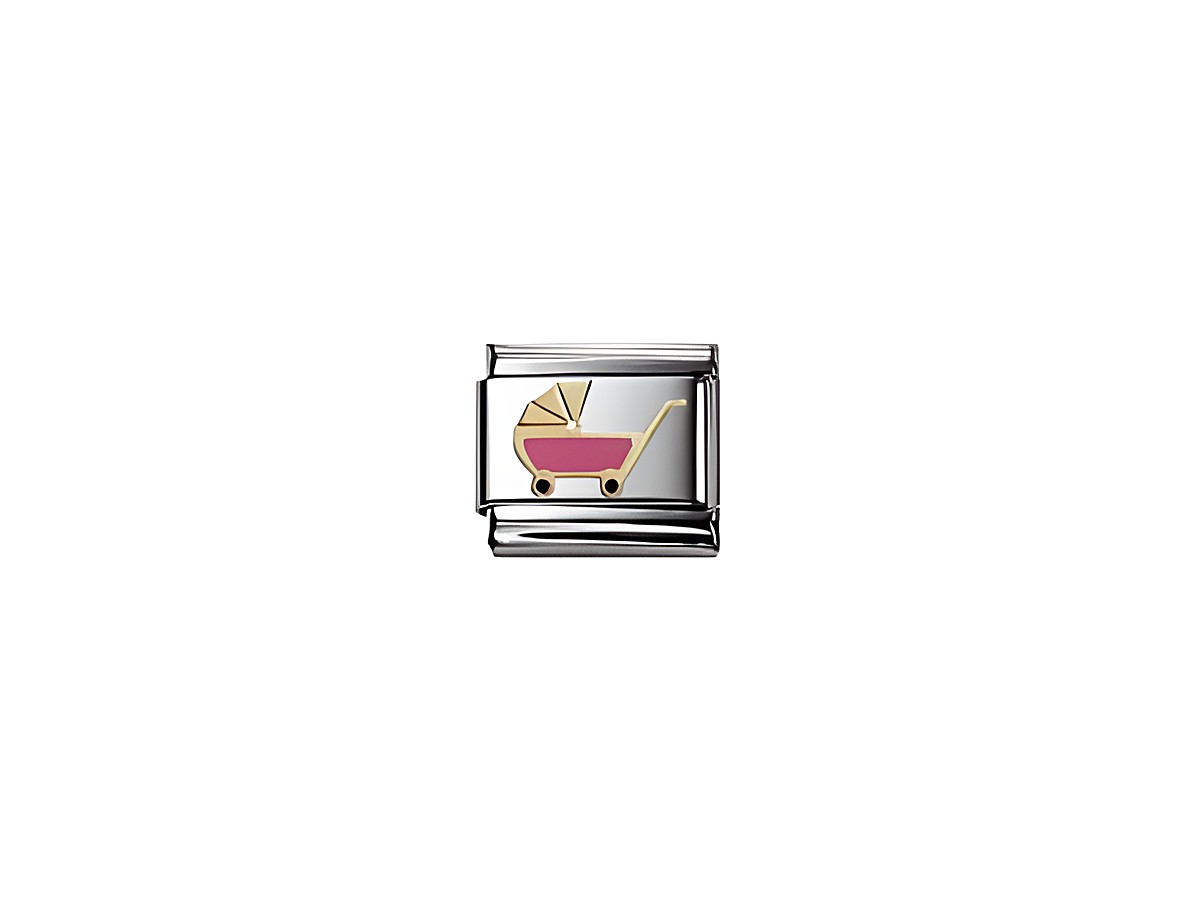 Eine emaillierte Charm von Nomination zeigt einen rosa Kinderwagen mit einem gelben Verdeck, auf einem silbernen Hintergrund. Ideal für eine persönliche Schmuckkollektion.