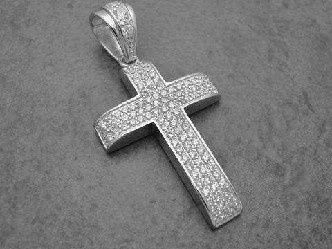 Silber Anhänger in Form eines Kreuzes, funkelnd mit weißen Kristallen, Hersteller Juwelier Harnisch, mit Stein.