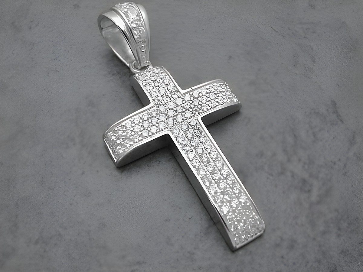 Silber Anhänger in Form eines Kreuzes, funkelnd mit weißen Kristallen, Hersteller Juwelier Harnisch, mit Stein.