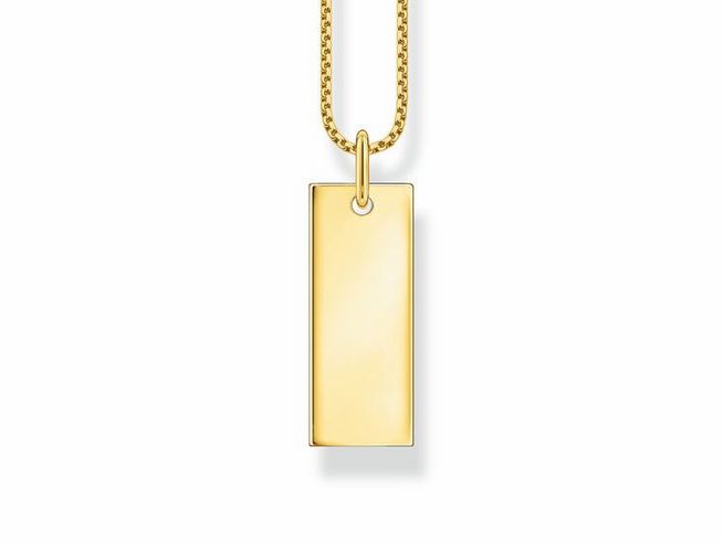 Eine elegante Thomas Sabo Gravur Kette mit einem vergoldeten Column-Tag-Anhänger aus Silber. Der Anhänger hat eine rechteckige Form und ist ohne Gravur. Kettenlänge 40-45 cm.
