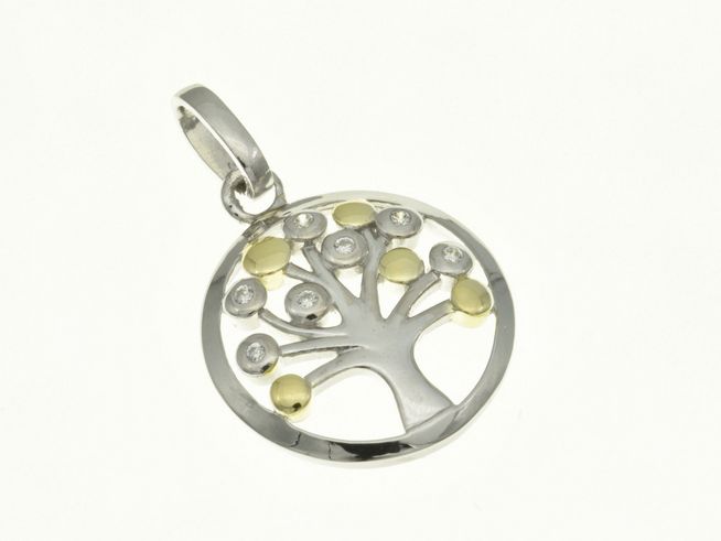 Lebensbaum Anhänger aus rhodiniertem Sterling Silber in Bicolor-Optik, verziert mit funkelnden Zirkonia, Hersteller Juwelier Harnisch, ideal als Glücksbringer.
