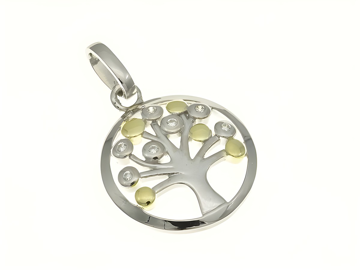 Lebensbaum Anhänger aus rhodiniertem Sterling Silber in Bicolor-Optik, verziert mit funkelnden Zirkonia, Hersteller Juwelier Harnisch, ideal als Glücksbringer.