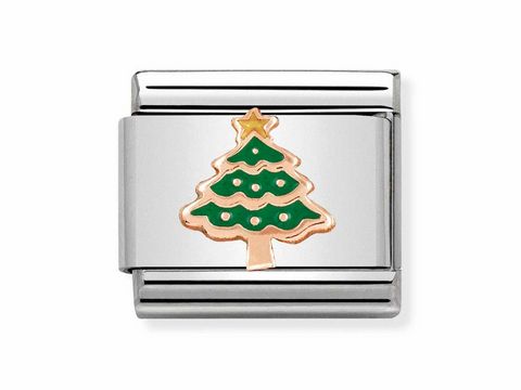 Weihnachtsbaum aus Edelstahl mit grüner Emaille und Roségoldverzierung, dekorativer Schmuck für festliche Anlässe, hochwertig verarbeitet von Nomination.