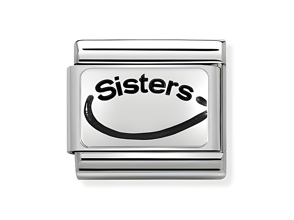 Oxidierte Plakette aus Edelstahl in Silber mit dem Wort Sisters und einem lächelnden Symbol, geeignet für den Nomination Composable Classic Schmuck.