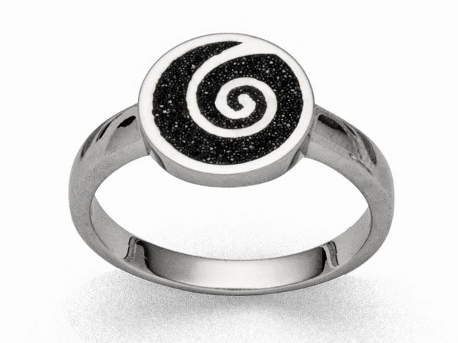 DUR Lavasand Spirale 2.0 Ring aus Sterling Silber in Größe 54 mit einem runden, spiralförmigen Design aus schwarzem Lavasand und glänzendem Silber.
