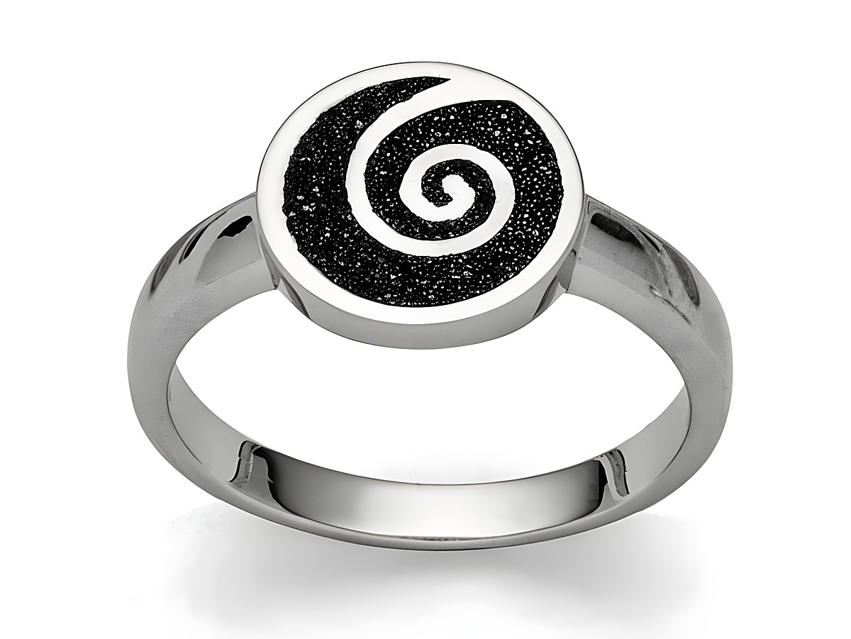 DUR Lavasand Spirale 2.0 Ring aus Sterling Silber in Größe 54 mit einem runden, spiralförmigen Design aus schwarzem Lavasand und glänzendem Silber.