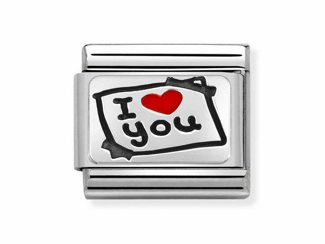 Motiv von Nomination Classic 330208 50 mit einer Edelstahl Emaille Platte, die eine Zeichnung mit der Aufschrift I love you und einem roten Herz zeigt, wunderschön verarbeitet und detailreich.