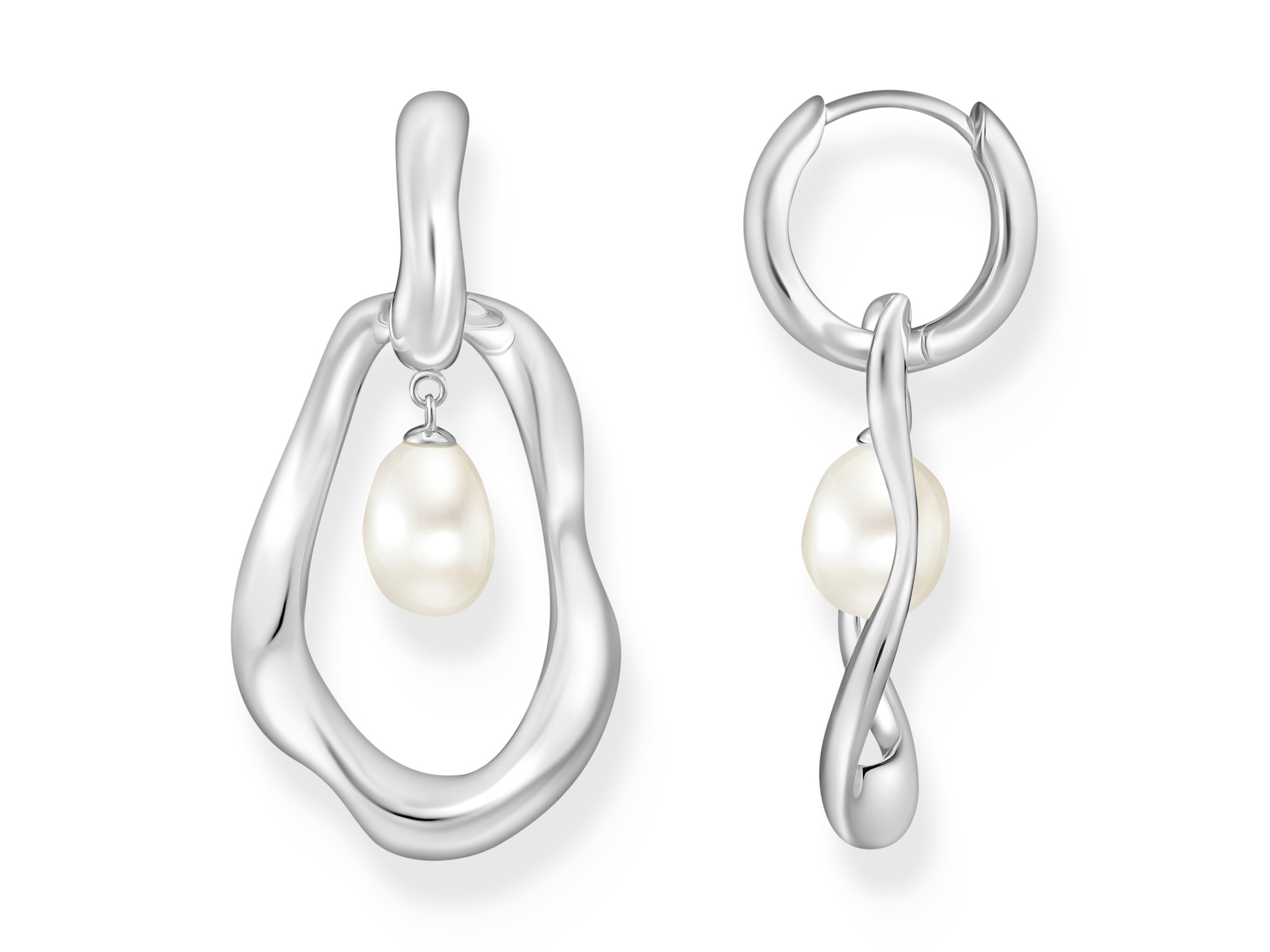 Thomas Sabo Ohrringe H2321-082-14 in Silber mit Zuchtperle, im modernen Bold Elegance Design, bestehen aus eleganten Creolen mit einem stilvollen, geschwungenen Anhänger.