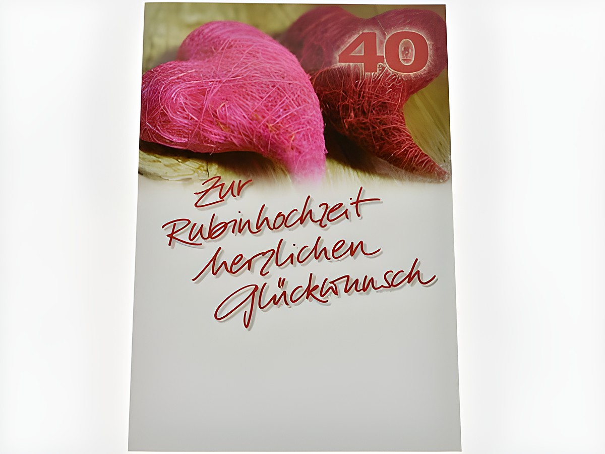 Hochzeitskarte mit zwei Herzen in Pink und Rot, dekorative Schriftzüge zur Rubinhochzeit, hergestellt von Juwelier Harnisch. Hochzeitskarten für besondere Anlässe.