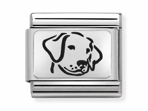 433010906-0 OXIDIERTE PLAKETTE mit einem Hundemotiv in schwarzer Gravur auf silbernem Grund. Die stilisierte Darstellung zeigt das Gesicht eines Hundes. Hersteller ist Nomination, SilverShine Classic.