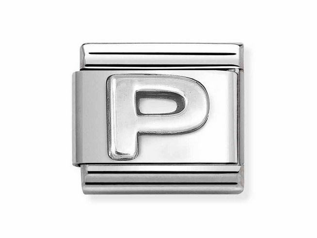 Buchstabe P aus Edelstahl mit silberner oxidierter Oberfläche, Teil des Nomination Classic Charms, stilvoll und elegant gestaltet für Armbänder.