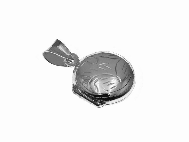 Silber Medaillon in rundem Designermuster, Hersteller Juwelier Harnisch, zeigt einen elegant verzierten Deckel und einen stabilen Aufhängungsring, ideal als Schmuckstück oder Geschenk.