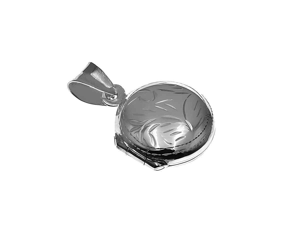 Silber Medaillon in rundem Designermuster, Hersteller Juwelier Harnisch, zeigt einen elegant verzierten Deckel und einen stabilen Aufhängungsring, ideal als Schmuckstück oder Geschenk.