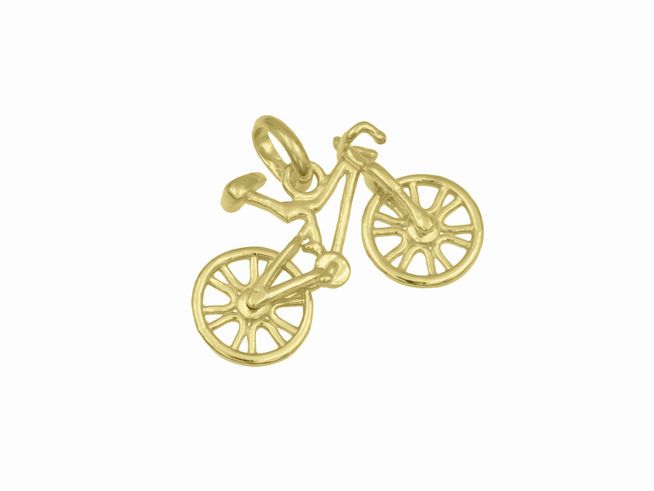 Anhänger in Form eines Fahrrads aus vergoldetem Sterlingsilber, Hersteller Juwelier Harnisch, ideal für Sportliebhaber und als modisches Accessoire.