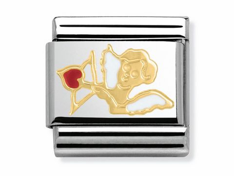 Der klassische Charm Cupido von Nomination zeigt einen Engel mit Pfeil und rotem Herzen auf einem silbernen Hintergrund. Teil der Elegance Collection, ideal für romantische Anlässe.