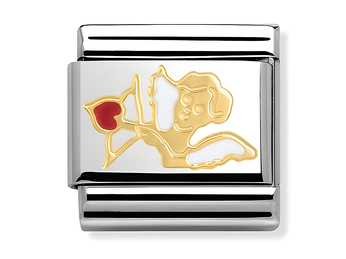 Der klassische Charm Cupido von Nomination zeigt einen Engel mit Pfeil und rotem Herzen auf einem silbernen Hintergrund. Teil der Elegance Collection, ideal für romantische Anlässe.