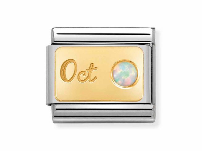 Edelstahl und Gold charm mit der Inschrift Oktober und einem weißen Opal als Monatsstein, stilvolles Design für eine persönliche Ergänzung. Ideal für Schmuckliebhaber.