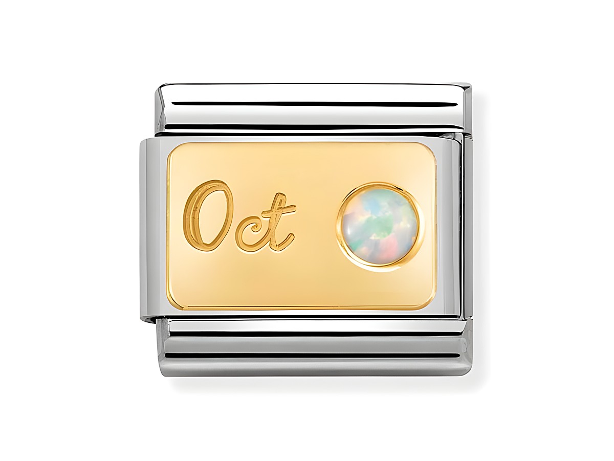 Edelstahl und Gold charm mit der Inschrift Oktober und einem weißen Opal als Monatsstein, stilvolles Design für eine persönliche Ergänzung. Ideal für Schmuckliebhaber.