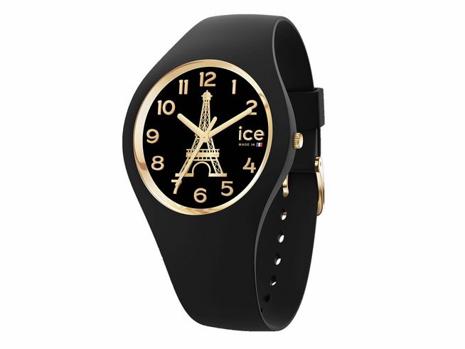 ICE Watch Uhr 023247 - ICE cocorico Schwarz - Schwarz - Small zeigt ein schlichtes schwarzes Ziffernblatt mit goldfarbenen Akzenten und dem Eiffelturm, umgeben von einem schwarzen Silikonband.