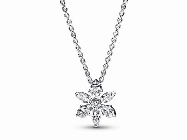 Pandora Kette mit funkelndem Herbarium Cluster Anhänger aus Sterling Silber und klaren Zirkonia, der Anhänger hat die Form einer Blüte und verleiht eine elegante Note.
