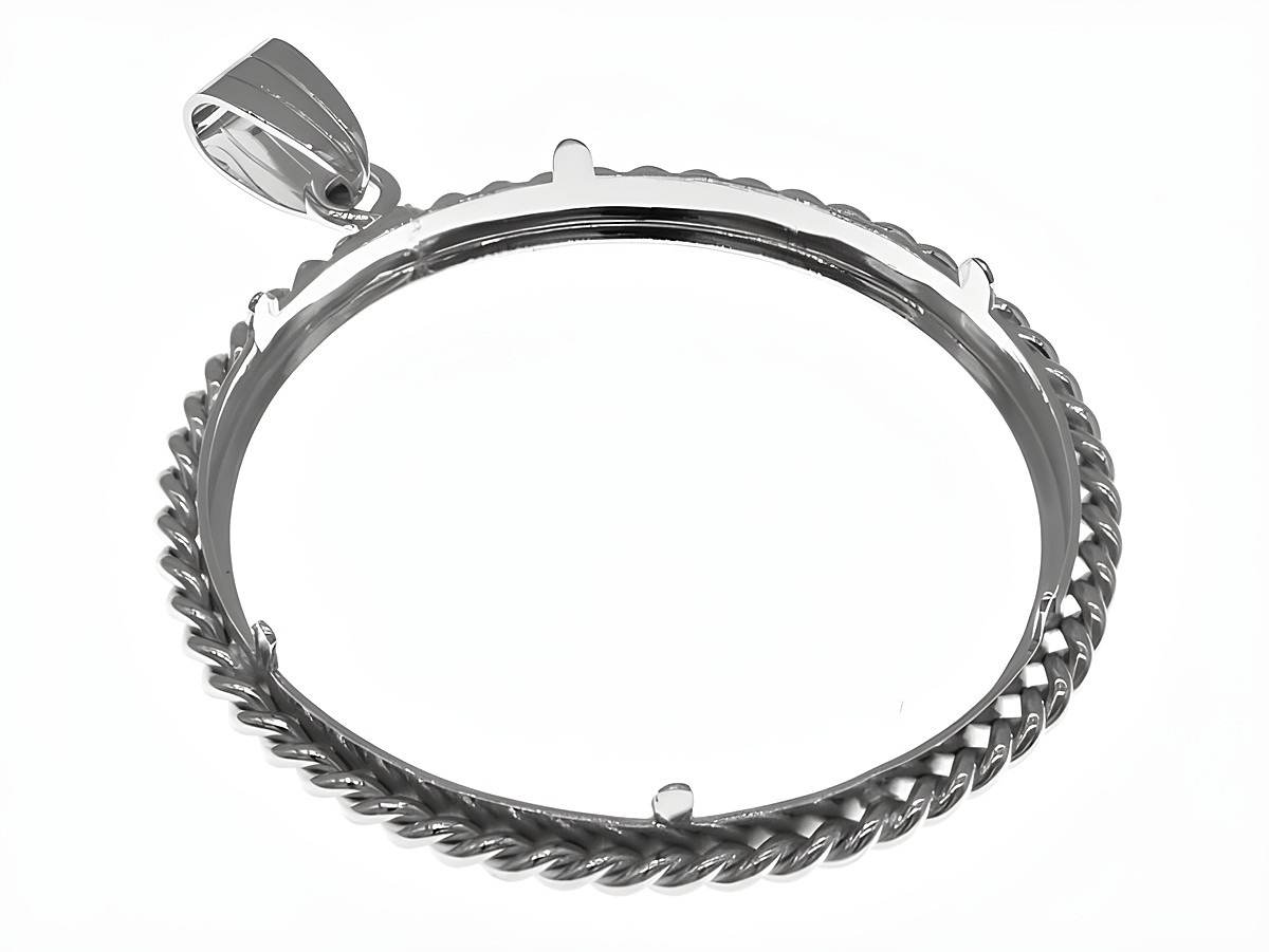 Münzfassung Anhänger aus rhodiniertem 925 Sterling Silber, Durchmesser 37 mm, mit Kordelstruktur, geeignet für Münzen bis 4 cm, hergestellt von Juwelier Harnisch. – Ansicht 2