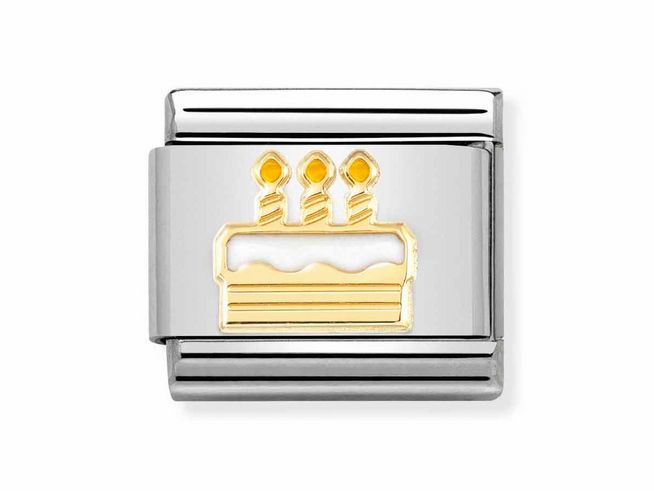 Edelstahlarmband mit emaillierter Geburtstagstorte in Weiß und Gold 750, drei Kerzen auf der Torte, geeignet als Geschenk oder für den persönlichen Schmuckstil.