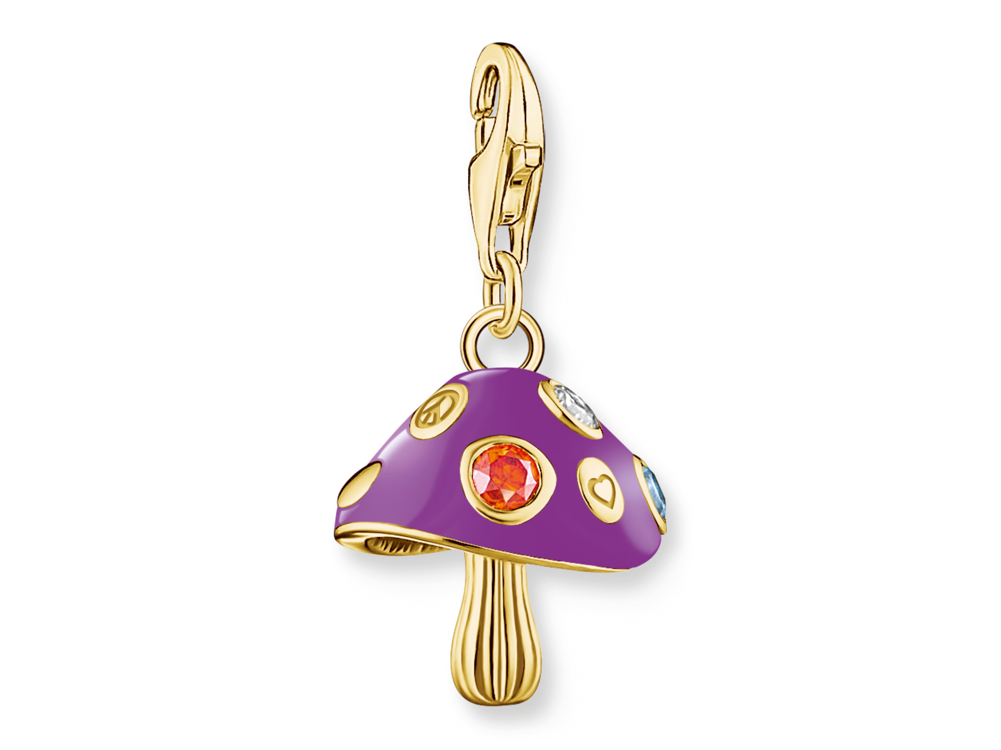 Charm-Anhänger von Thomas Sabo in Form eines bunten Pilzes mit vergoldetem Anhängerring, verziert mit farbigen Zirkonia und emaillierter Oberfläche, ideal für individuelle Schmuckkreationen.