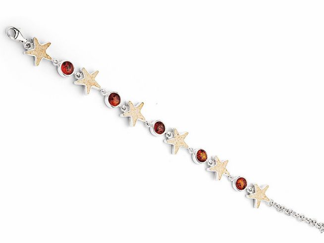 Rhodiniertes Sterling Silber Armband von DUR mit Strandsand und bernsteinfarbenen Elementen, geschmückt mit Sandseesternen, verlängerbar von 16,5 bis 20 cm.