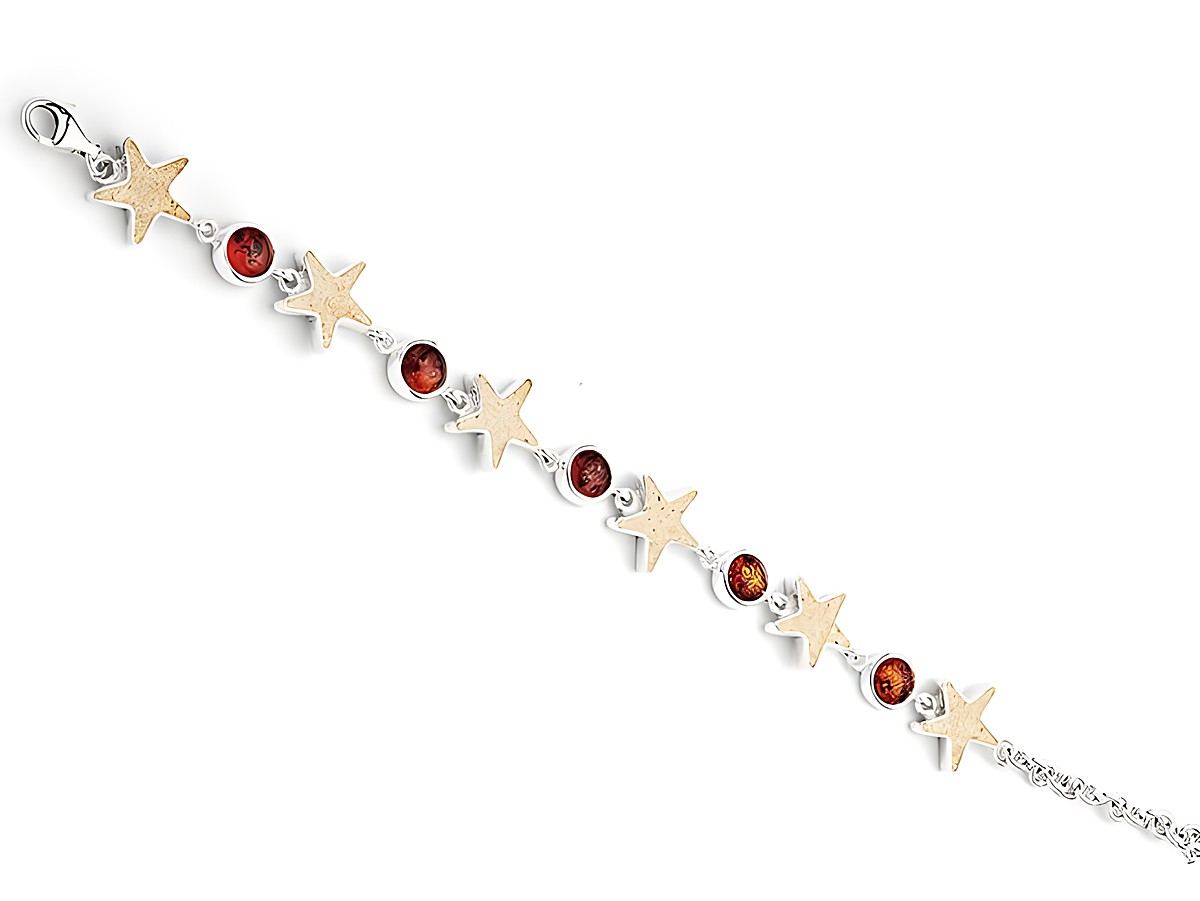 Rhodiniertes Sterling Silber Armband von DUR mit Strandsand und bernsteinfarbenen Elementen, geschmückt mit Sandseesternen, verlängerbar von 16,5 bis 20 cm.