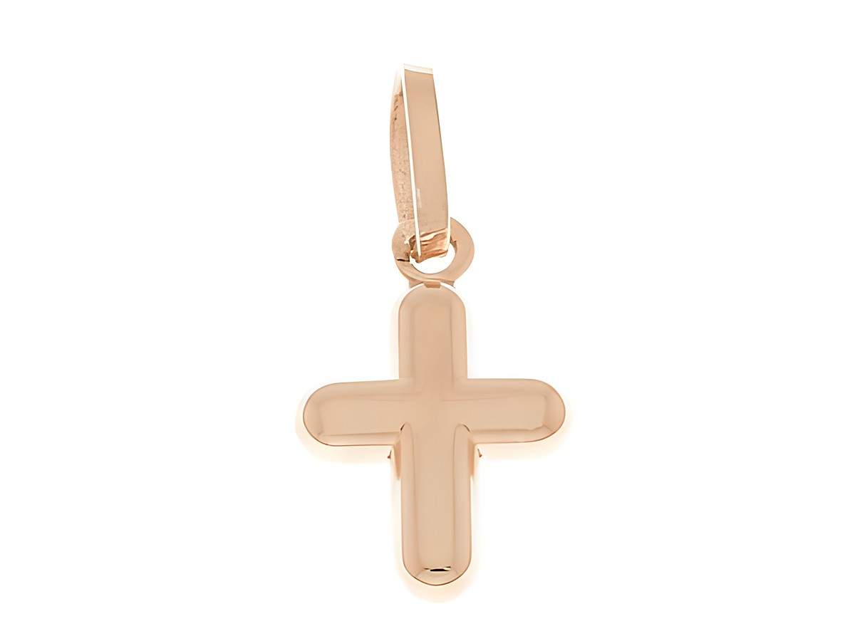 Kreuz aus rosé vergoldetem Sterling Silber, klein und plastisch gestaltet, schlichtes Design, Hersteller Juwelier Harnisch.