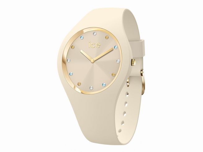 Die Ice Watch Uhr 022358 ICE cosmos Vanilla Small zeigt ein elegantes, hellbeiges Ziffernblatt mit goldenen Akzenten und funkelnden Steinen, kombiniert mit einem bequemen Armband.