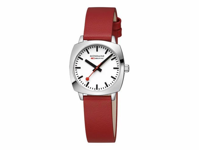 Die Mondaine Cushion MSL.31110.LCV ist eine elegante 31 mm Armbanduhr mit einem weißen Ziffernblatt, schwarzen Ziffern und einem roten Lederarmband, das einen modernen Look verleiht.
