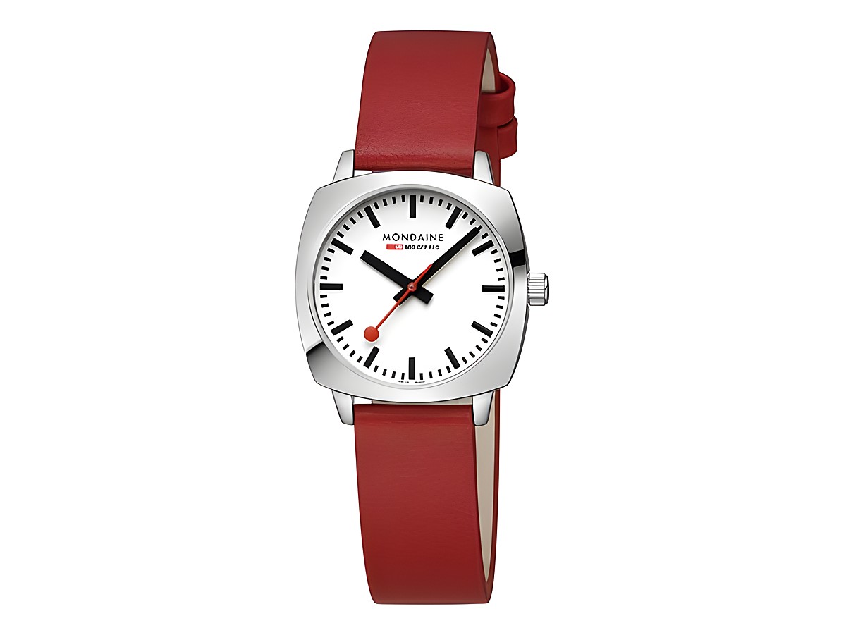 Die Mondaine Cushion MSL.31110.LCV ist eine elegante 31 mm Armbanduhr mit einem weißen Ziffernblatt, schwarzen Ziffern und einem roten Lederarmband, das einen modernen Look verleiht.